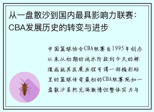 从一盘散沙到国内最具影响力联赛：CBA发展历史的转变与进步