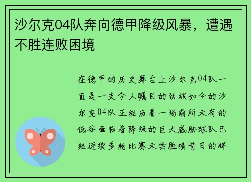 沙尔克04队奔向德甲降级风暴，遭遇不胜连败困境